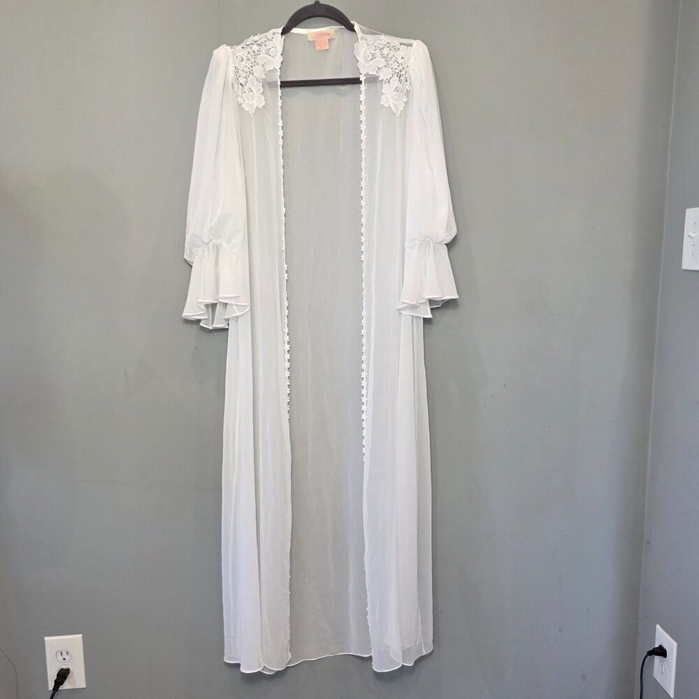 Flora Nikrooz White Sheer Chiffon Bridal Robe Lace Ruffle Maxi Duster Coquette